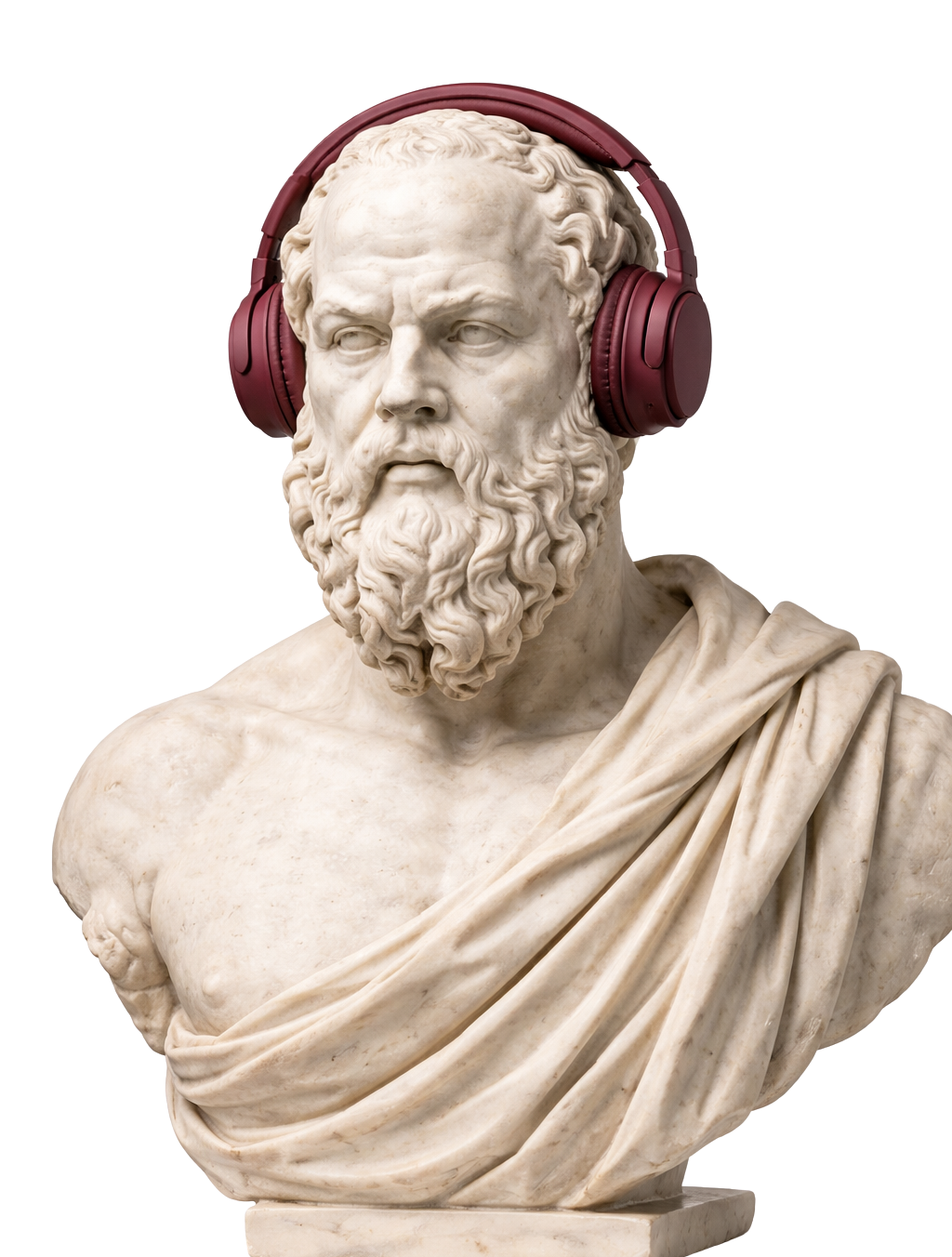 Marble bust of an ancient Greek philosopher or poet wearing modern maroon headphones.