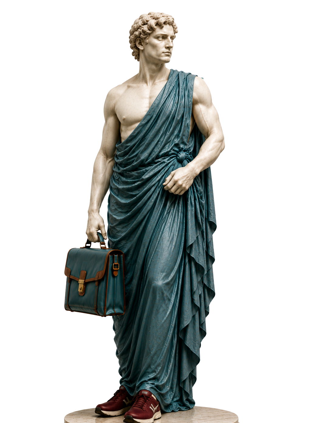 Statue of a classical male figure dressed in a toga, holding a briefcase, with casual sneakers.