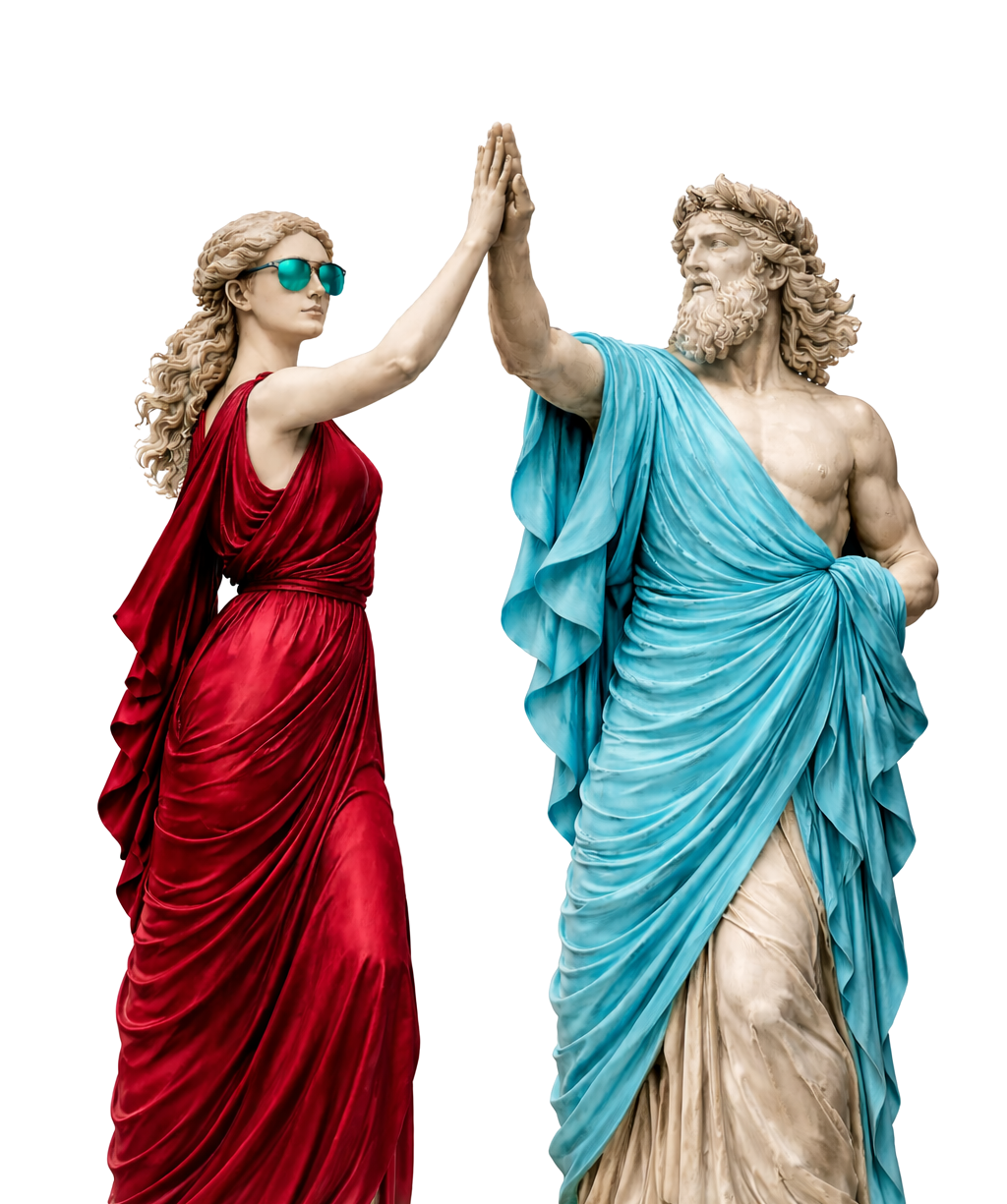A modern woman in a red dress and sunglasses giving a high five to a classical statue of a bearded man in a blue toga.