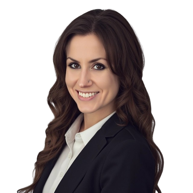 Professional woman with long brown hair, wearing a black blazer and white shirt, smiling at the camera.