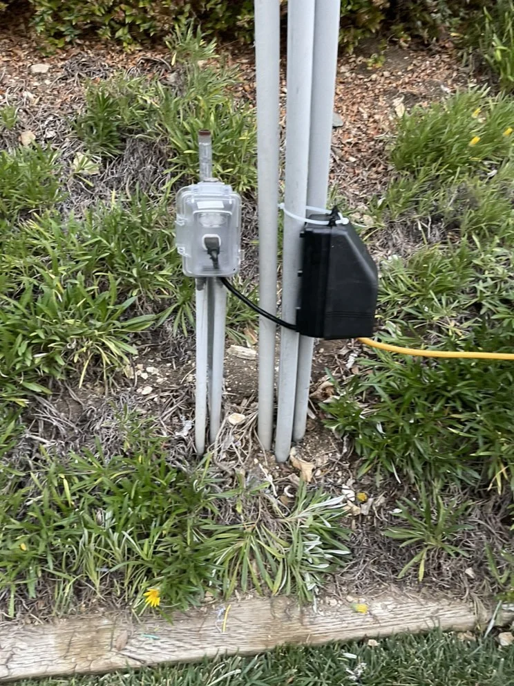 Electrical meter, black box, and two gray pipes mounted on ground among green plants and grass, outside