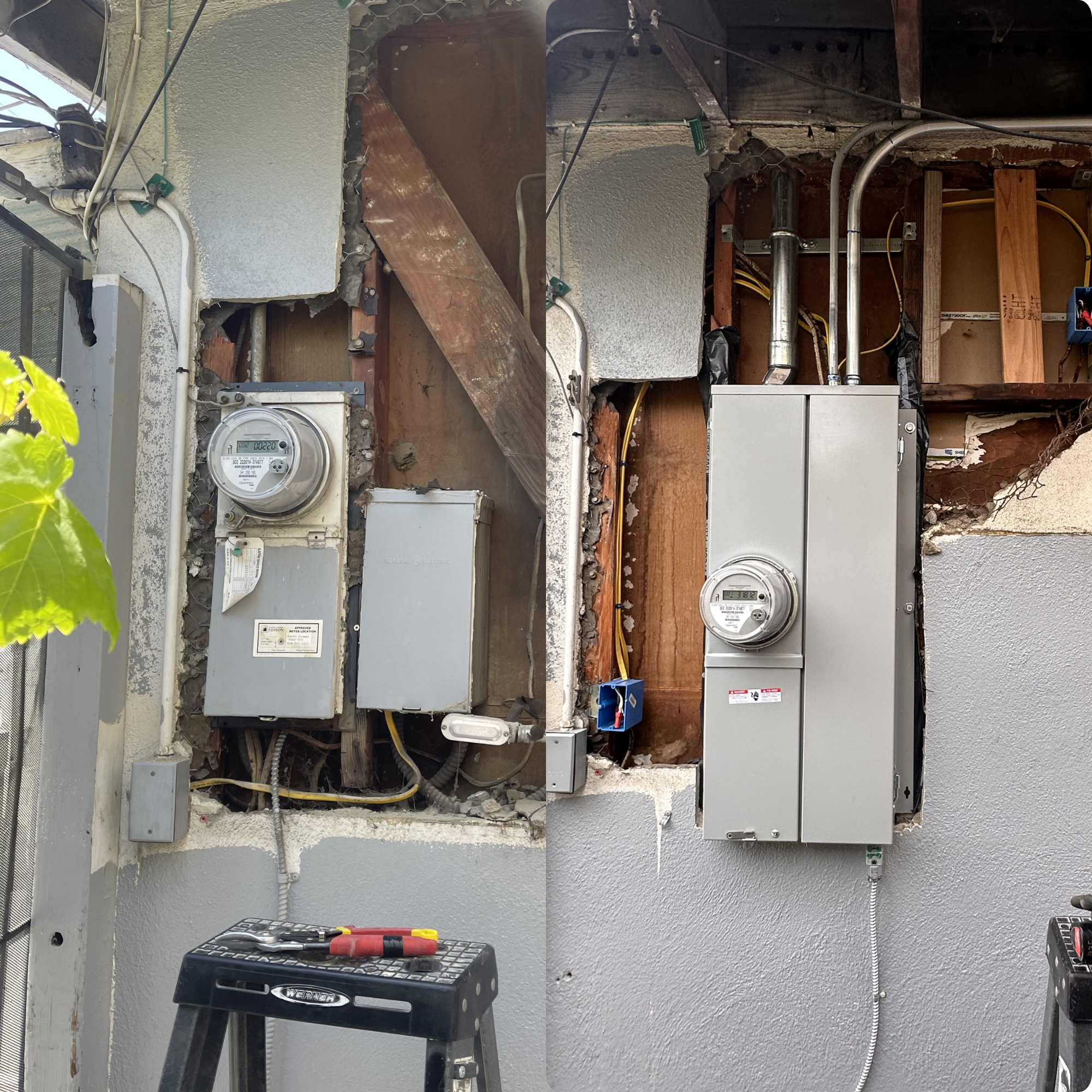 Side-by-side comparison of the same electrical meter and electrical panel before and after repair or replacement, with exposed wiring and electrical components on both sides.