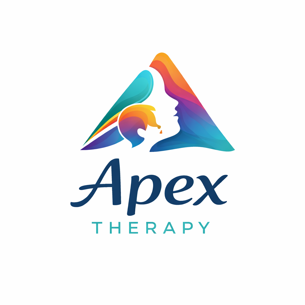 Colorful logo for Apex Therapy featuring a stylized triangular mountain with a silhouette of a woman and a child facing each other, with the text 'Apex Therapy' below.