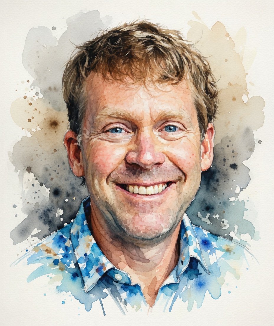 Digital watercolor portrait of a smiling middle-aged man with blue eyes and light brown hair, wearing a blue patterned shirt.