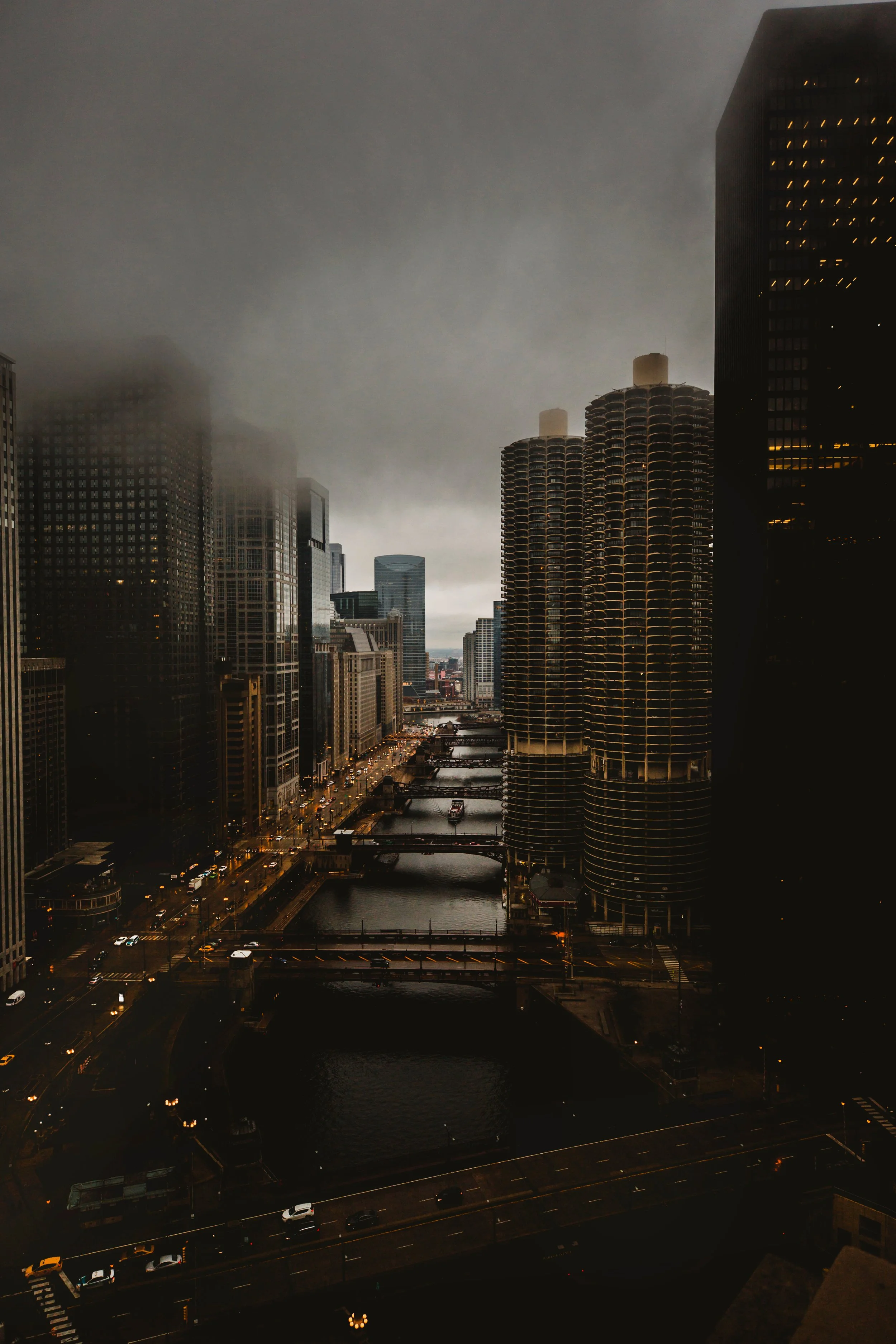The Chicago River on a foggy day