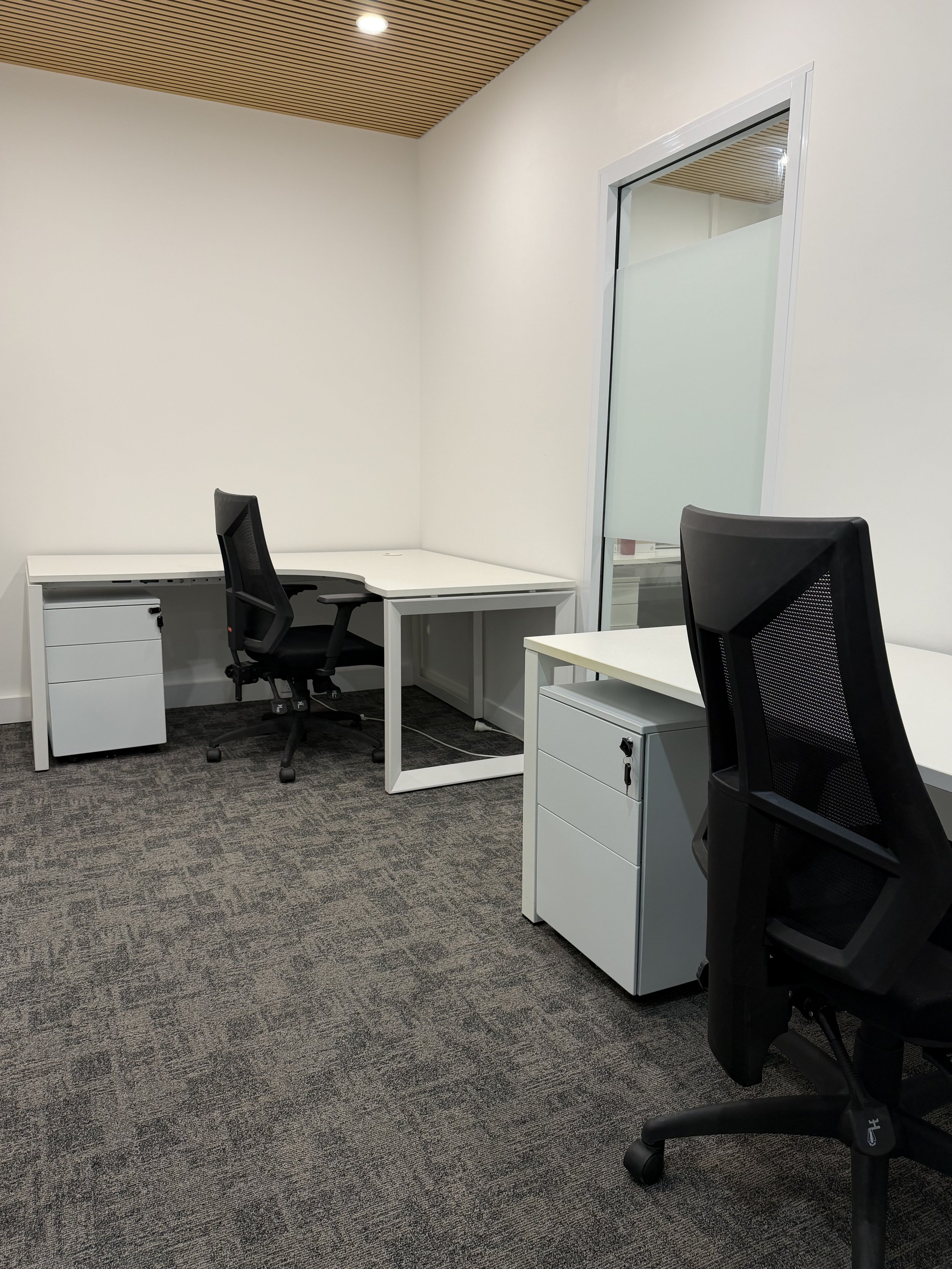 An empty modern office with white desks, black office chairs, a carpeted floor, a wooden ceiling, and a glass door.