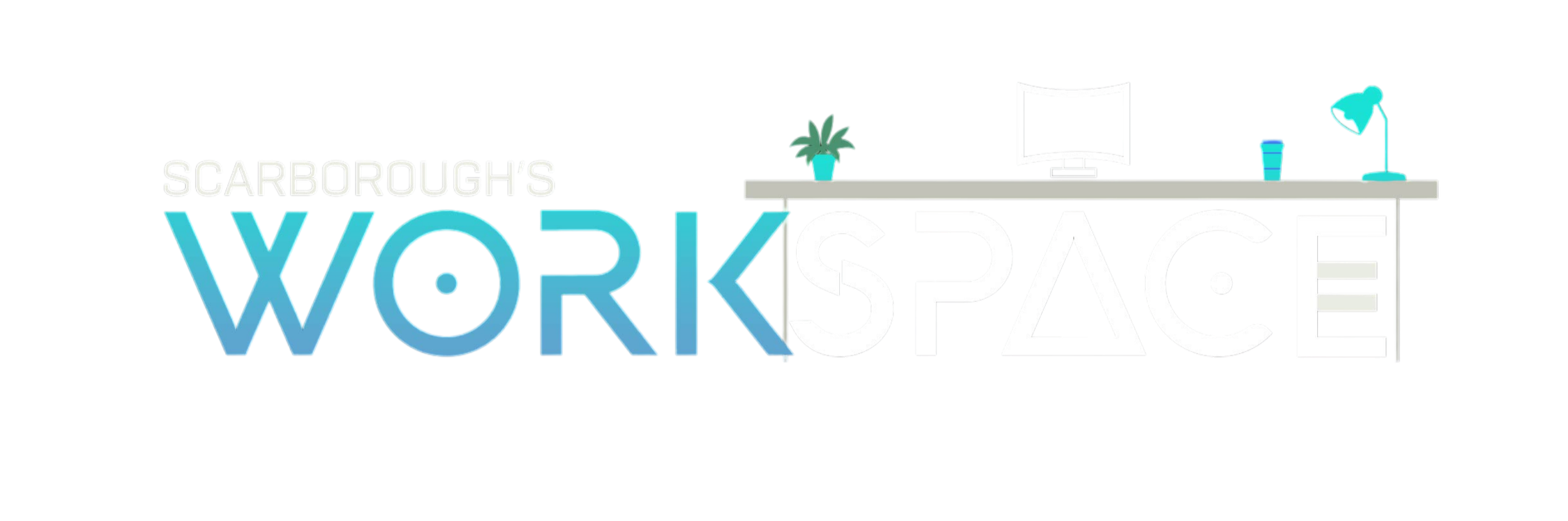 Colorful logo for Sorborough's Workspace with large text and office items on top, including a potted plant, a computer monitor, a desk lamp, and a glass of water.