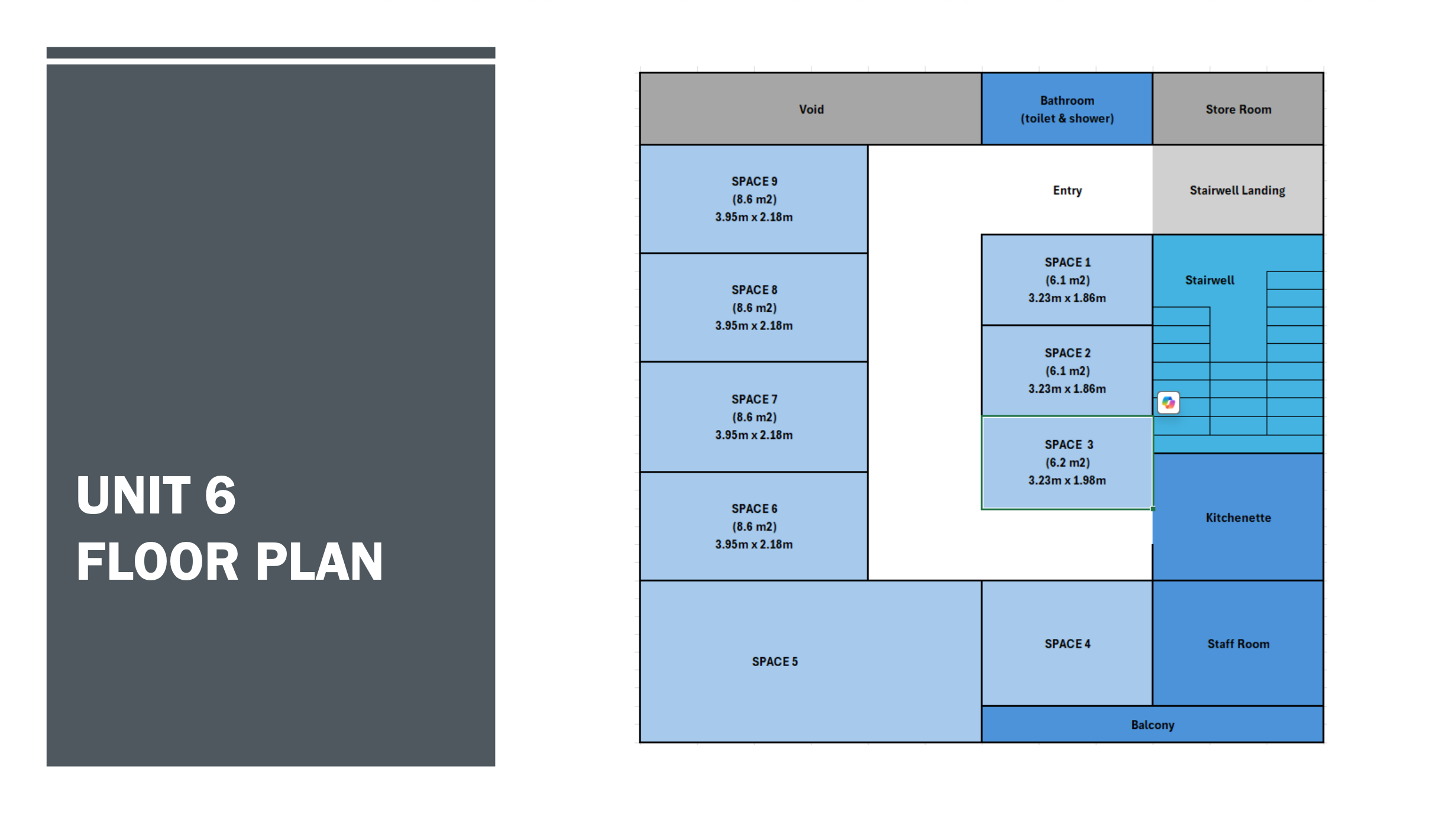 Floor plan of Unit 6 showing various labeled spaces including a bathroom, store room, stairwell, kitchenette, staff room, balcony, and multiple storage areas. The layout details each space with measurements and color coding.