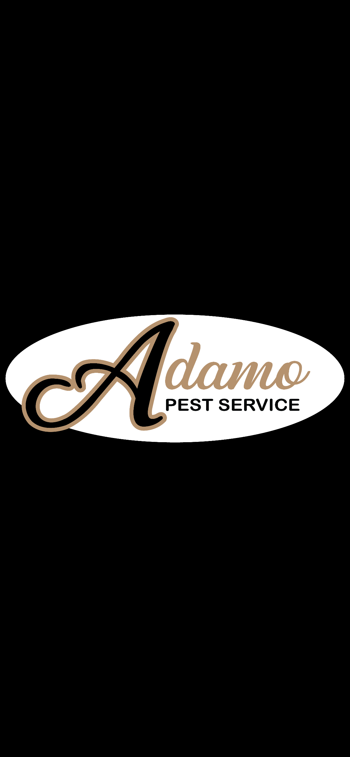 Logo for Adamo Pest Service with a large stylized letter A and the company name in brown and black text on a white oval background