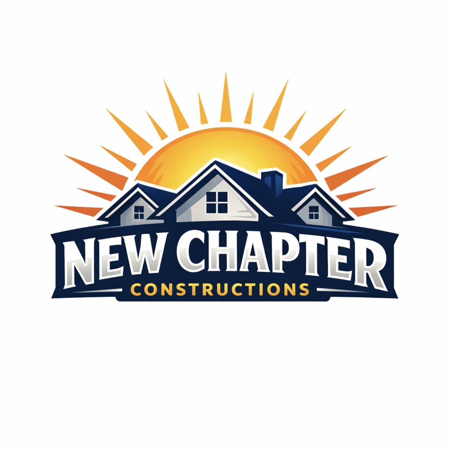 Logo for New Chapter Constructions featuring stylized houses beneath a rising sun with orange rays, with the company name in bold letters.