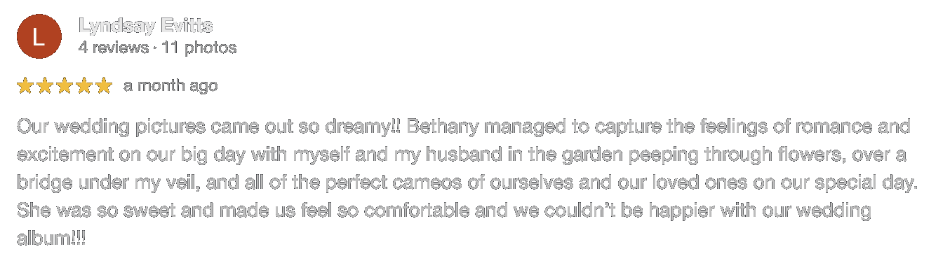 Screenshot of a five-star review by Lyndsay Evitts describing her wedding photography experience.