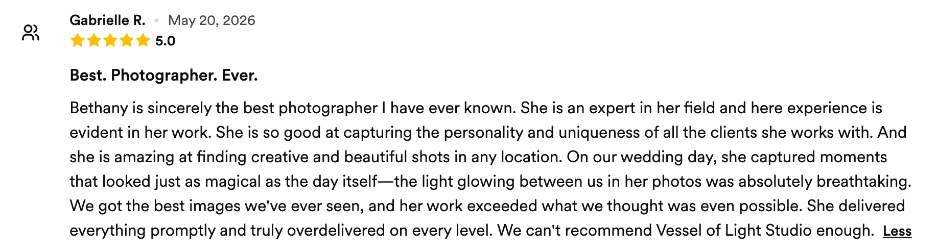 Customer review about a photographer named Bethany, praising her work and professionalism