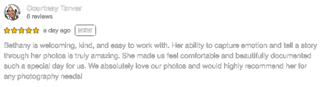 Screenshot of a five-star review by Courtney Tarver praising Bethany's photography skills.