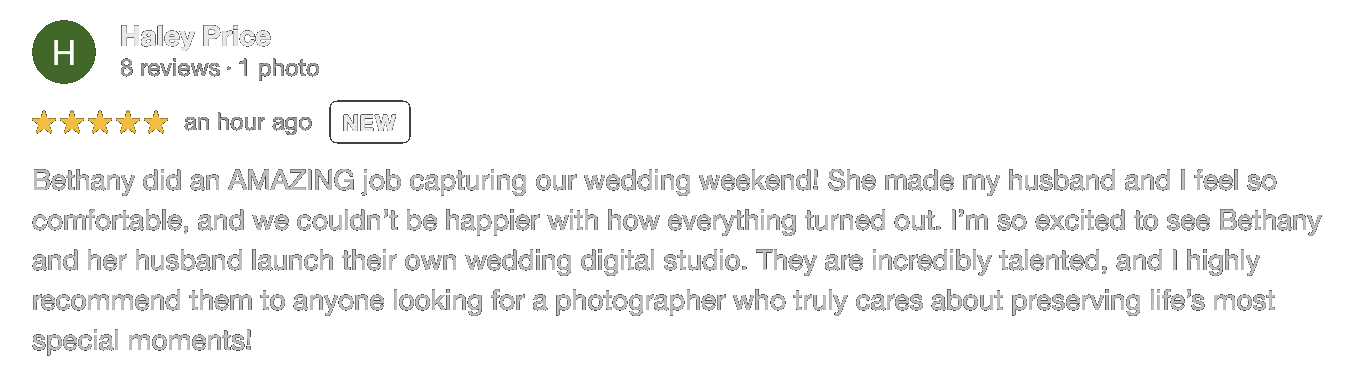 Customer review of wedding photography service, praising Bethany for her talented work at a wedding.