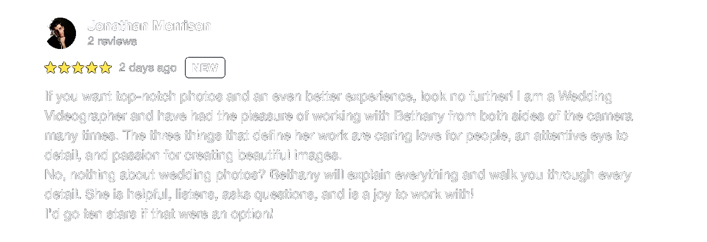 Screenshot of a positive review for a wedding videographer, praising her attention to detail and helpfulness.