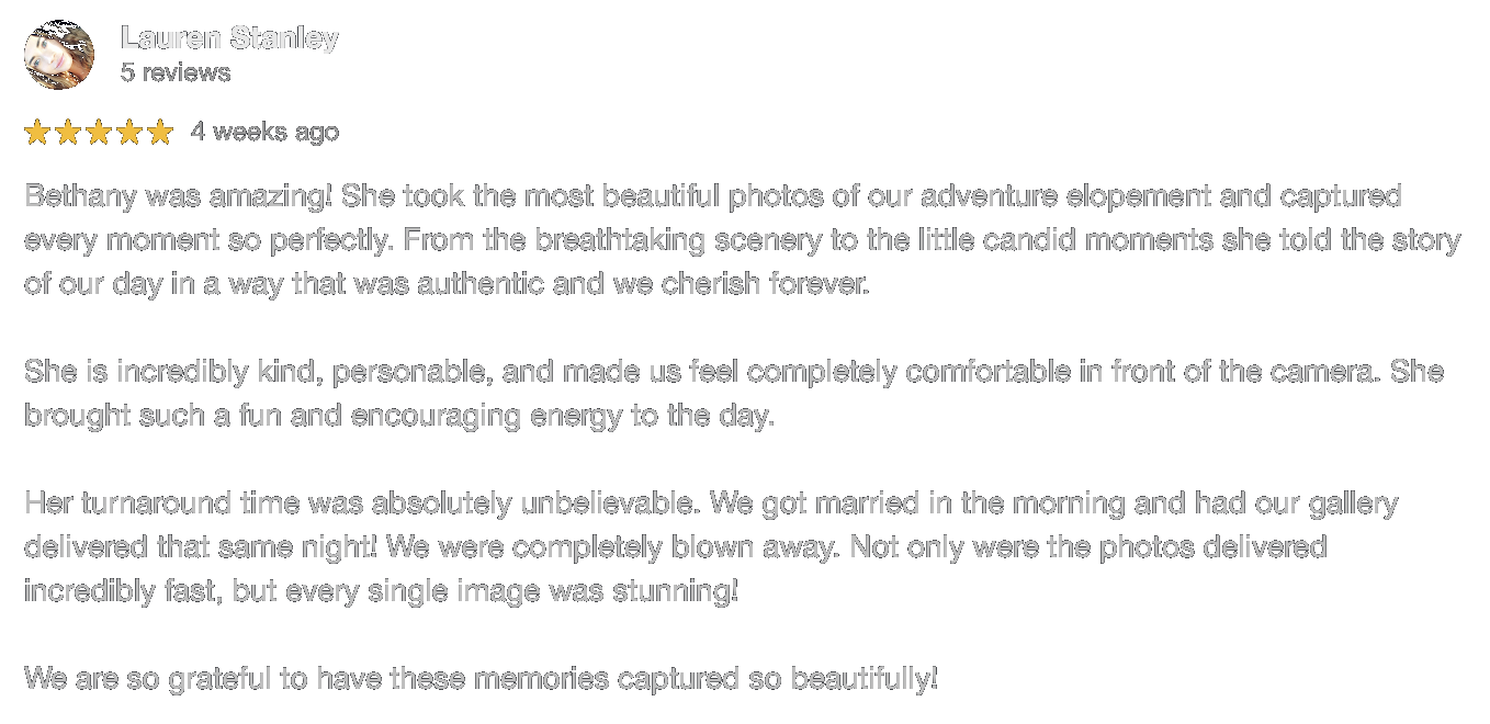 Screenshot of a 5-star review written by Lauren Stanley praising Bethany for her photography skills, capturing beautiful adventure moments, and creating stunning photos.