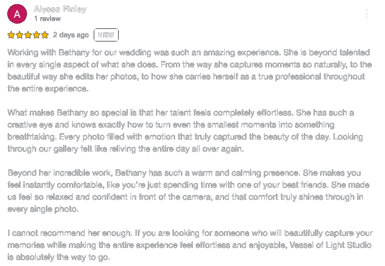 Screenshot of a five-star review praising Bethany for her professional wedding photography and her creative, effortless talent.