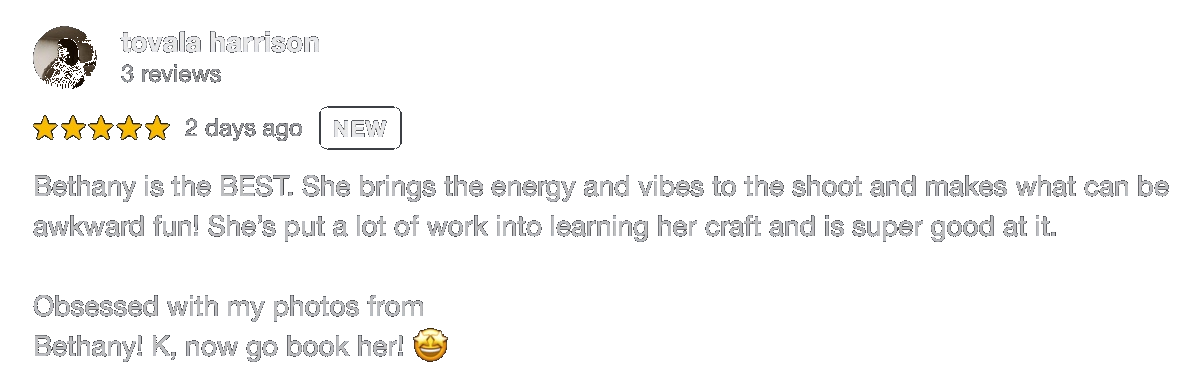Screenshot of a positive review by Tovala Harrison praising Bethany's energy, vibe, and craft skills with a positive emoji.