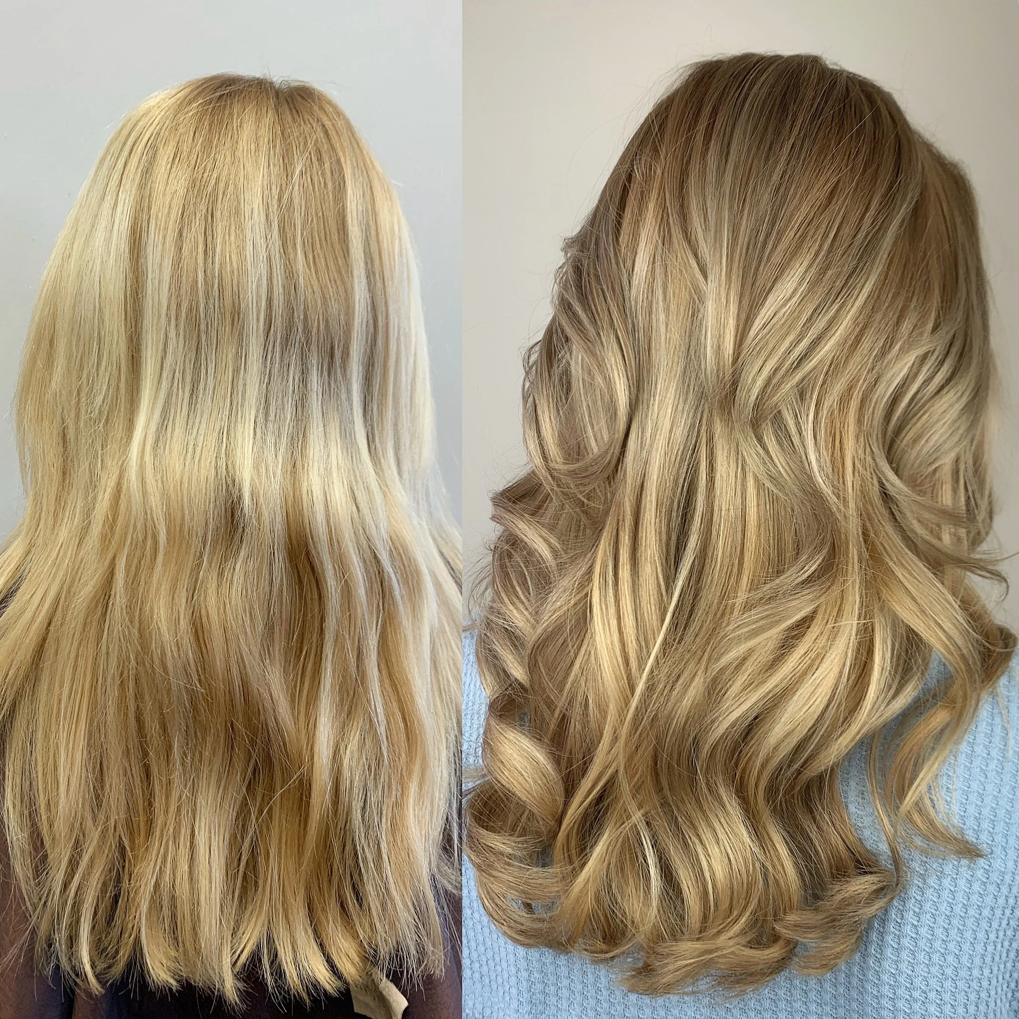 Side-by-side comparison of two women’s hair, showing one with straight blonde hair and the other with wavy light brown hair.