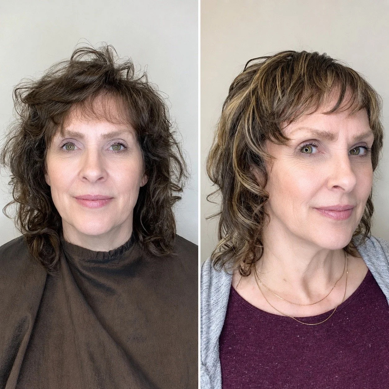 Comparison of a woman with curly brown hair before and after a hairstyle change, showing transformation from a voluminous, tousled style to a shorter, more defined cut.