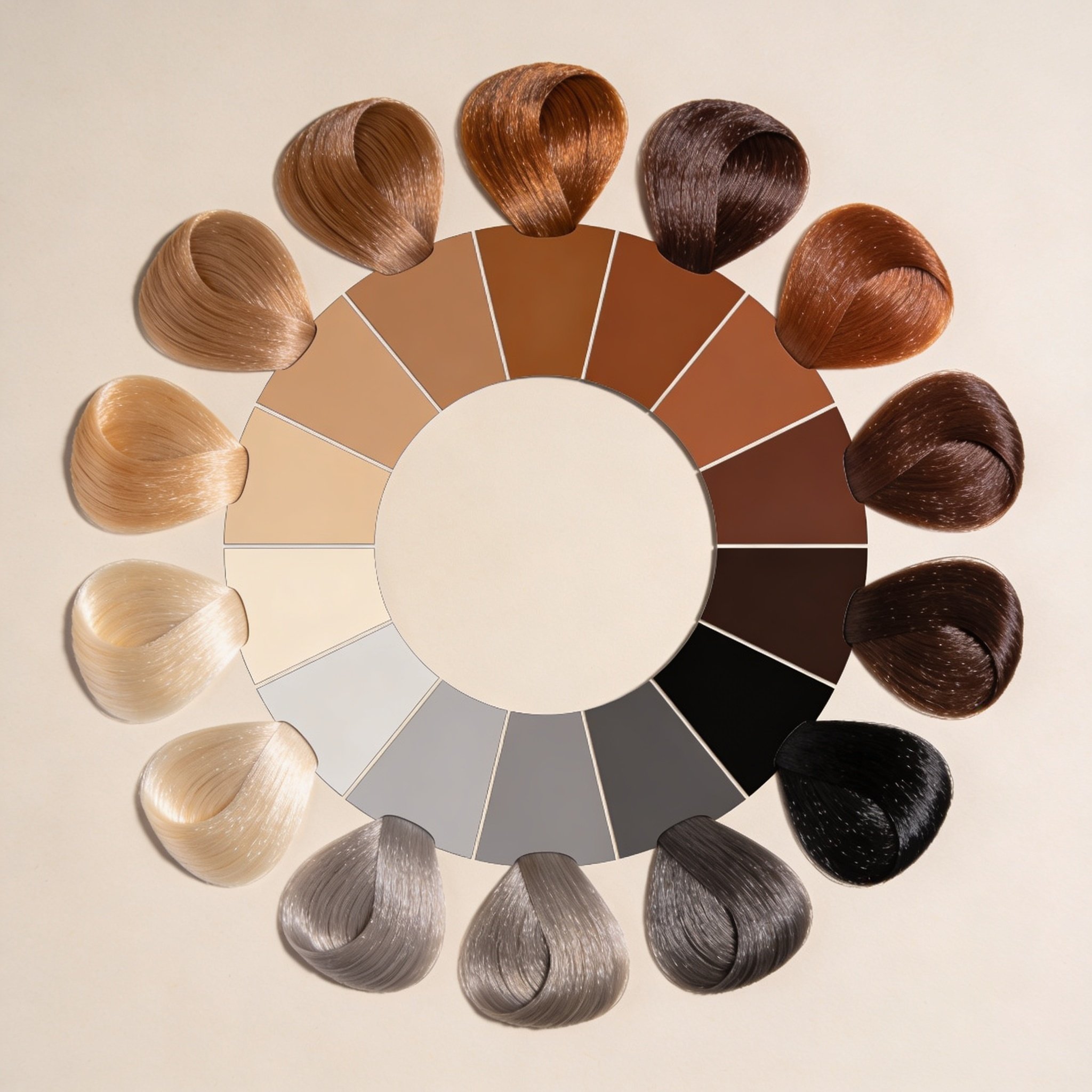 Swatches of hair extensions in various shades from blonde to black arranged in a circle.