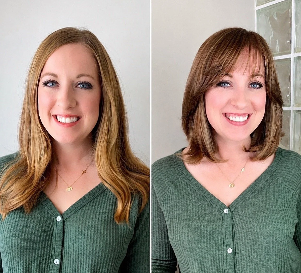 Side-by-side portrait of a smiling woman with blue eyes, wearing a green ribbed cardigan and gold necklaces, showing before and after hairstyle change with longer, wavy hair on the left and a shorter, layered bob on the right.