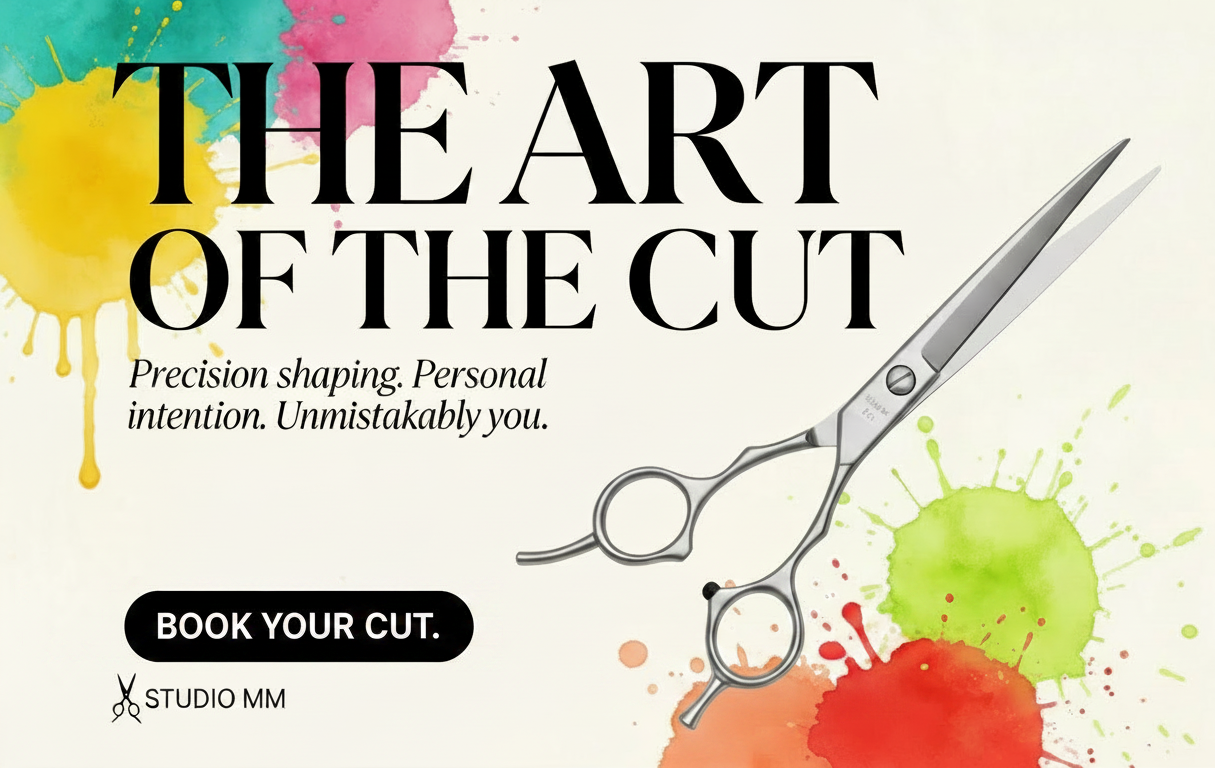 A promotional image for a haircutting service with the text 'The Art of the Cut.' The background has colorful paint splashes in yellow, pink, green, and orange. A pair of professional scissors is displayed on the right side.