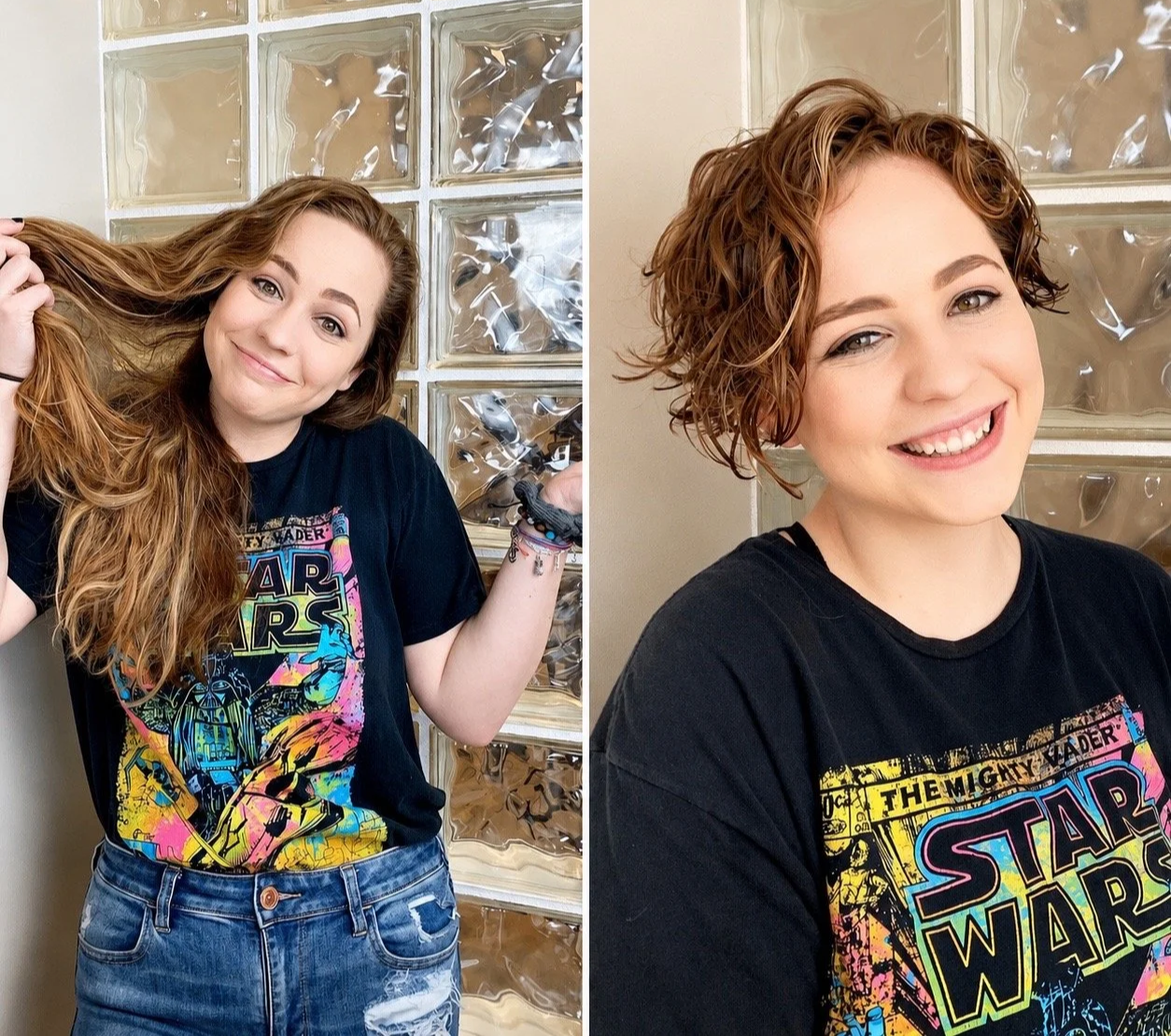Side-by-side photos of a young woman with light skin, long wavy red hair in the left image and short curly red hair in the right image, wearing a black 'Star Wars' T-shirt, smiling in both photos, standing against a glass brick wall.