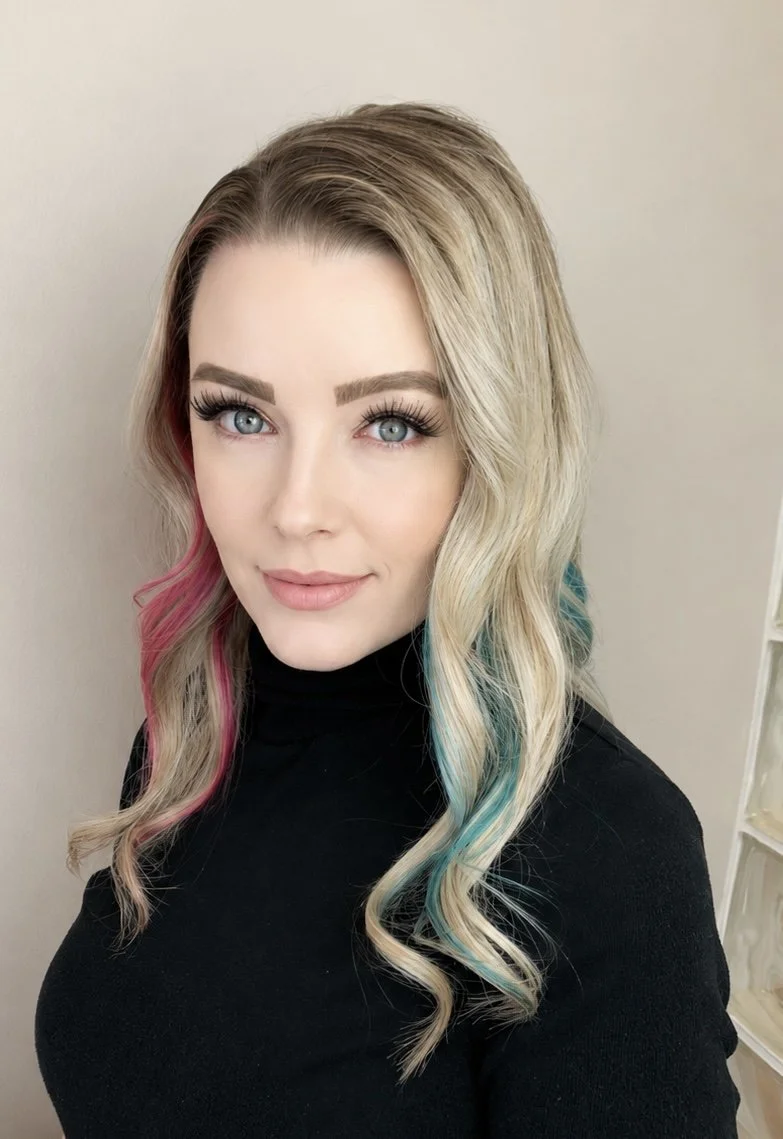 A woman with long, wavy blonde hair with pink and blue highlights, wearing a black turtleneck, standing against a plain light-colored wall.