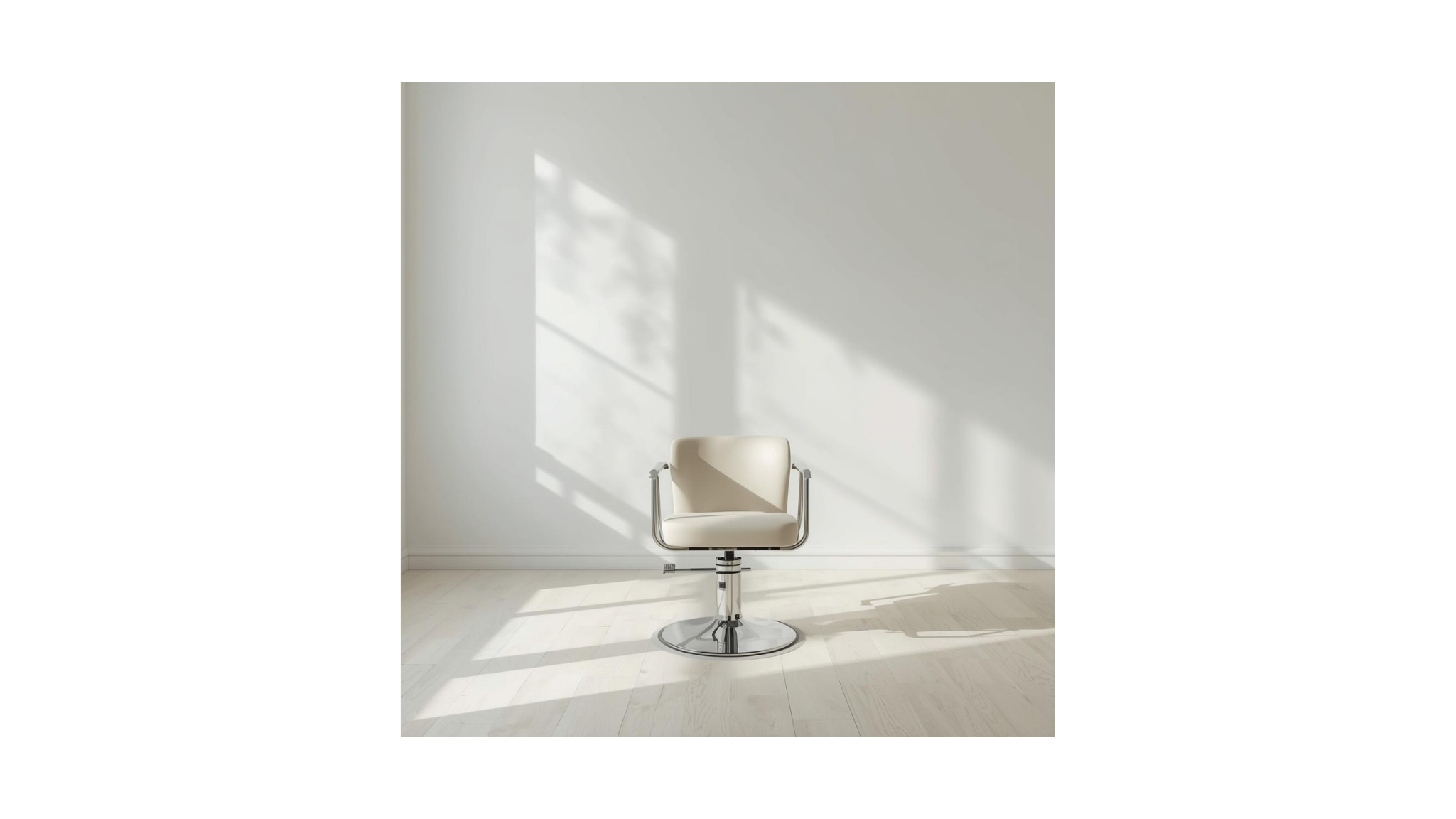 Beige salon chair with chrome armrests and base placed in front of a plain white wall with sunlight shadows.