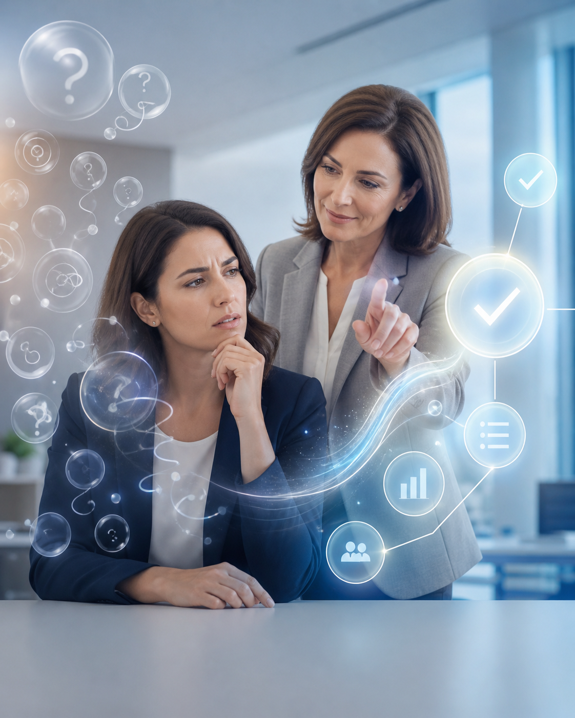 Dos mujeres en una oficina discutiendo sobre datos y decisiones, con gráficos e íconos holográficos flotando a su alrededor.