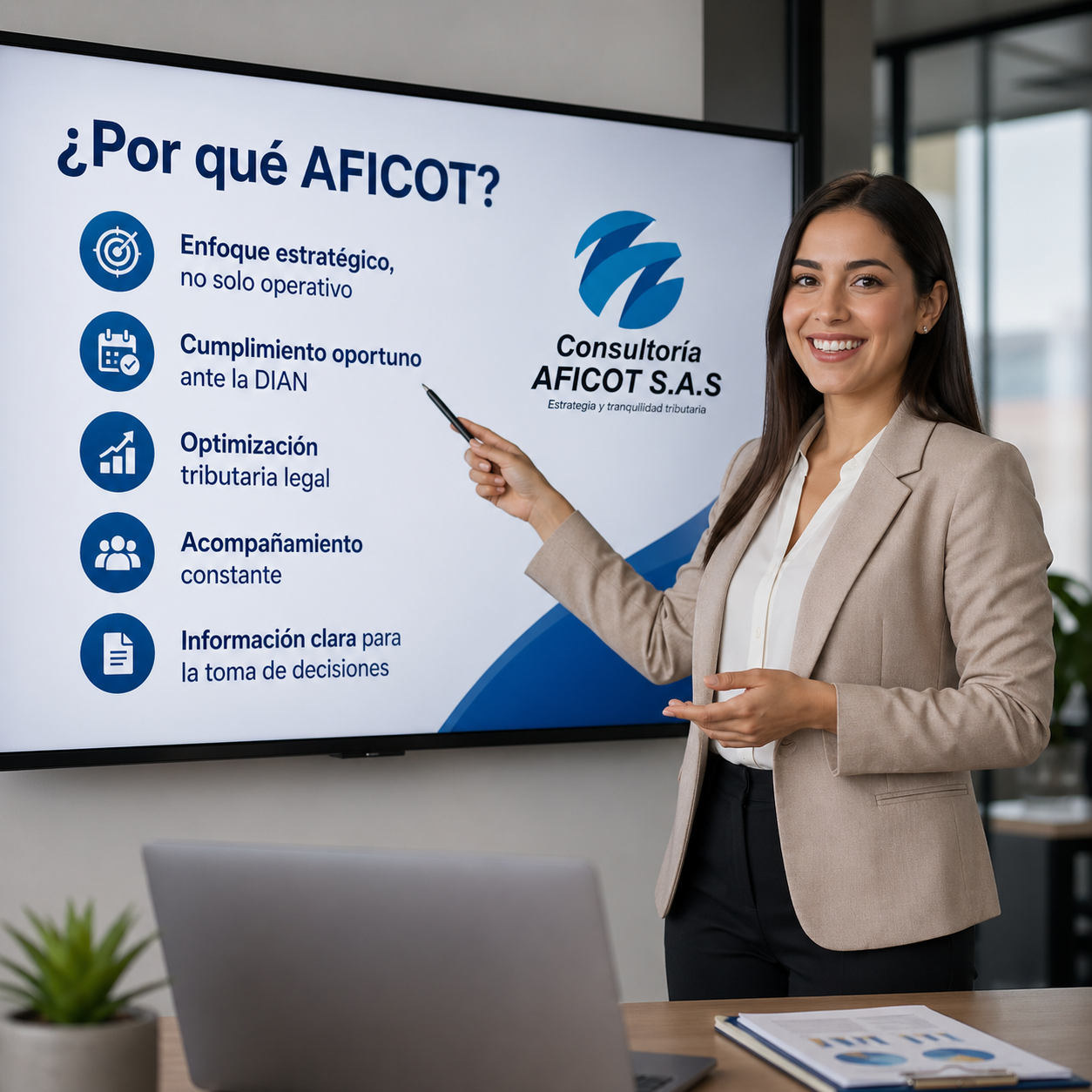 Mujer de negocios con blazer beige y blusa blanca señalando una presentación en una pantalla, que explica por qué elegir la consultoría AFICOT, en un ambiente de oficina moderna con ventana grande.