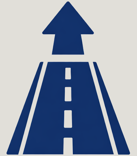 Blue road sign with a white arrow pointing upward, indicating straight ahead.
