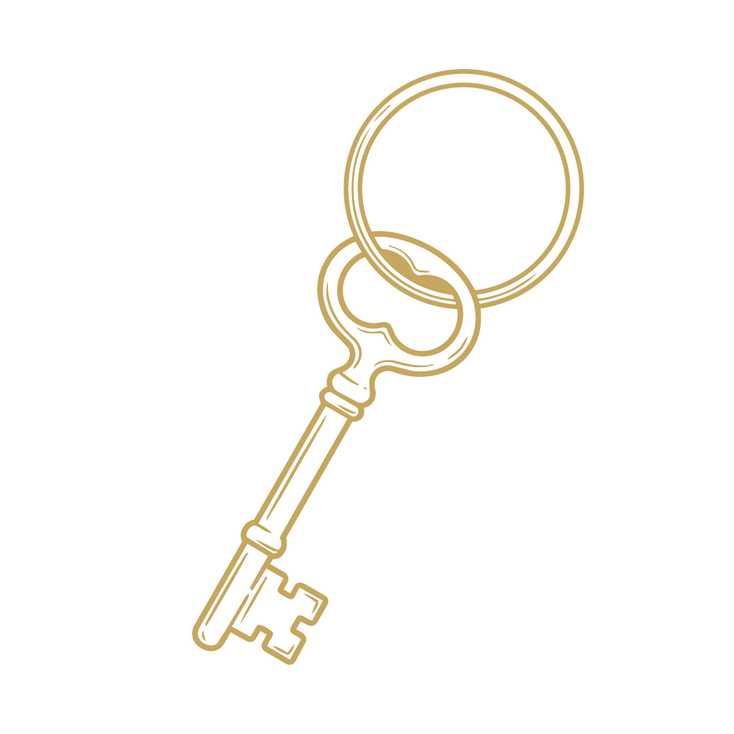 An illustration of a vintage style key on a key ring.