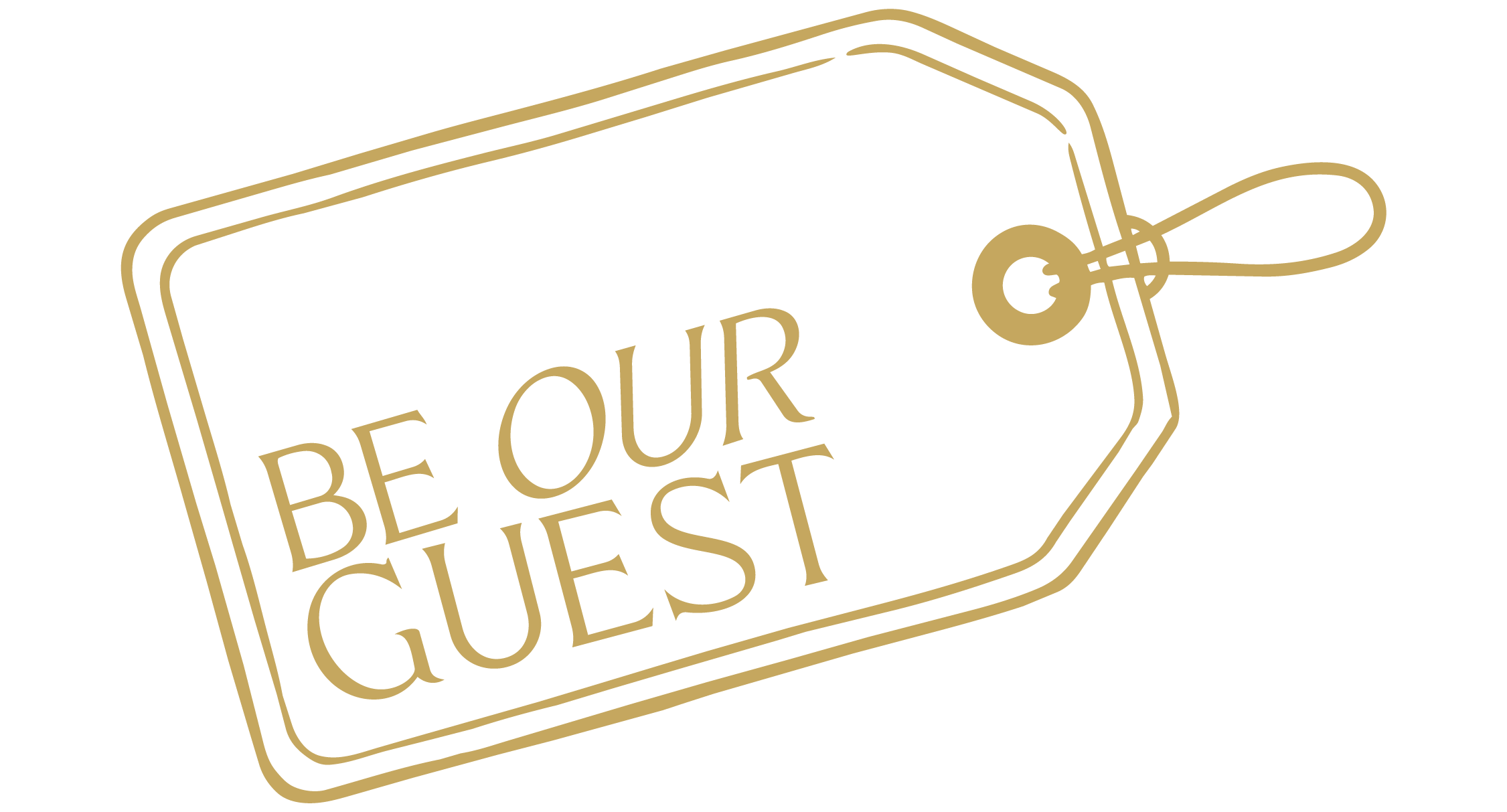 Be Our Guest gold luggage tag illustration.