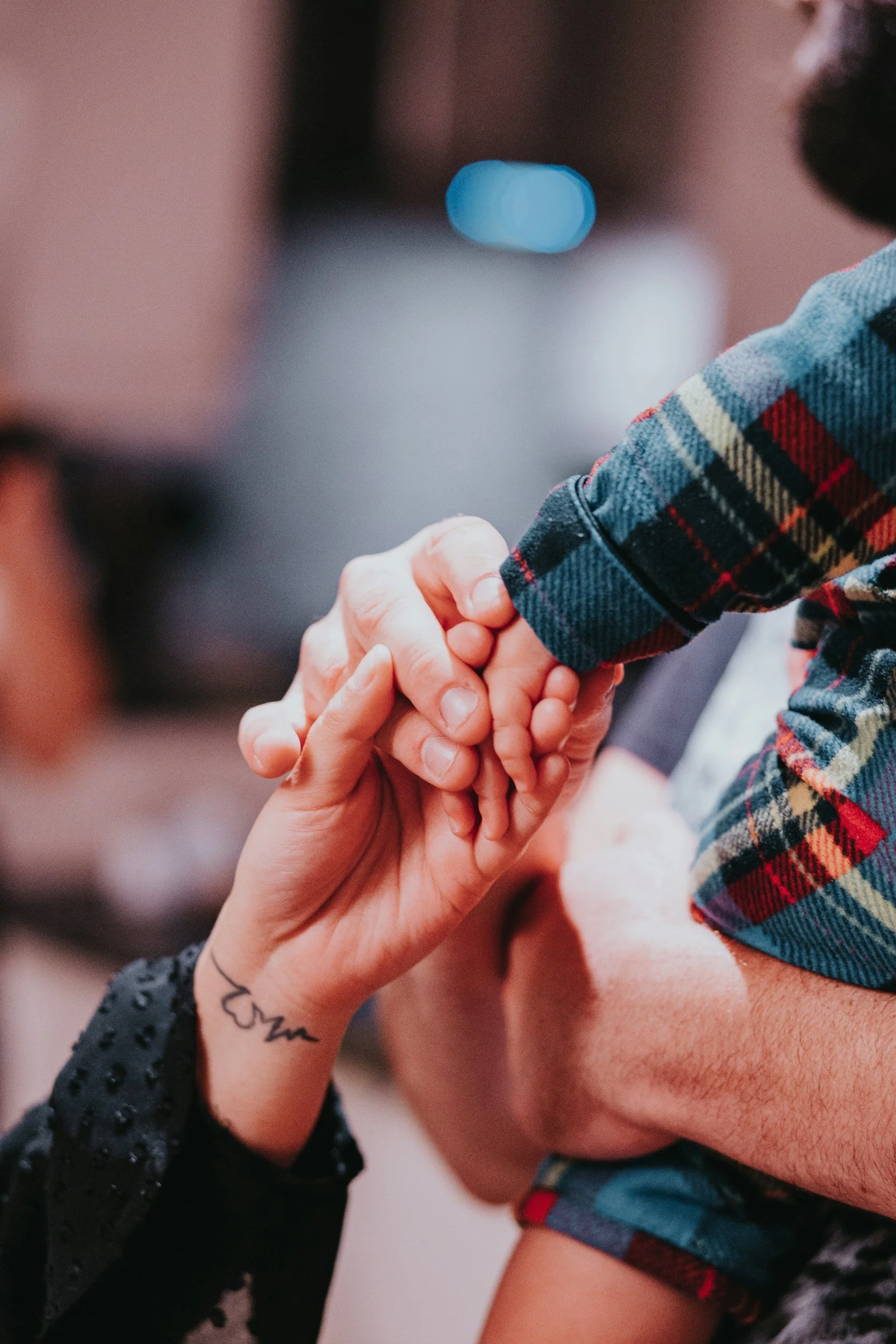 A close up of parent and child holding hands.
