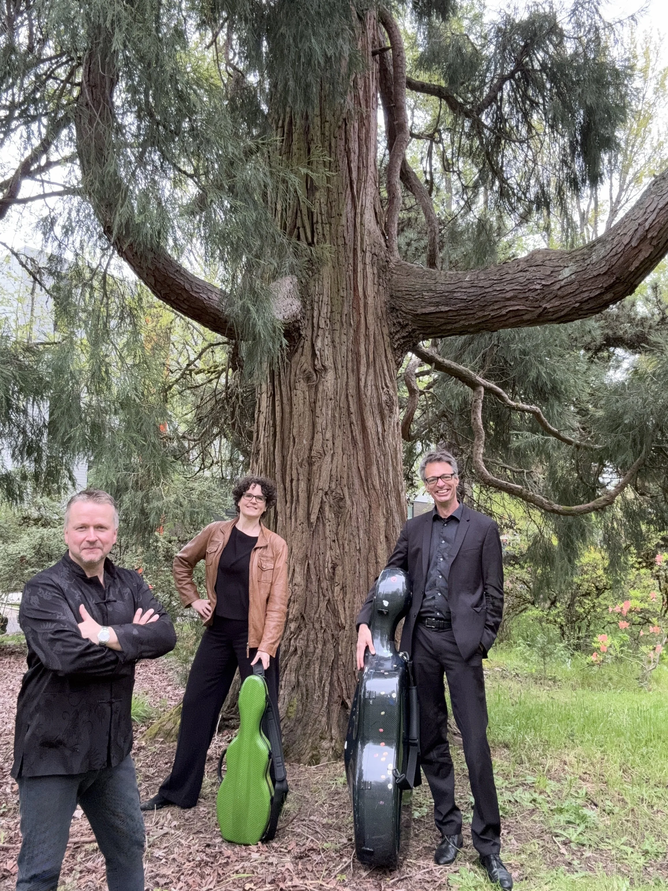 Three people standing in front of a large tree with guitar cases at their feet, smiling outdoors in a park or garden.