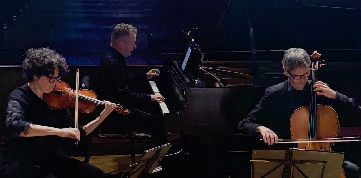 Three musicians performing with a violin, piano, and cello.