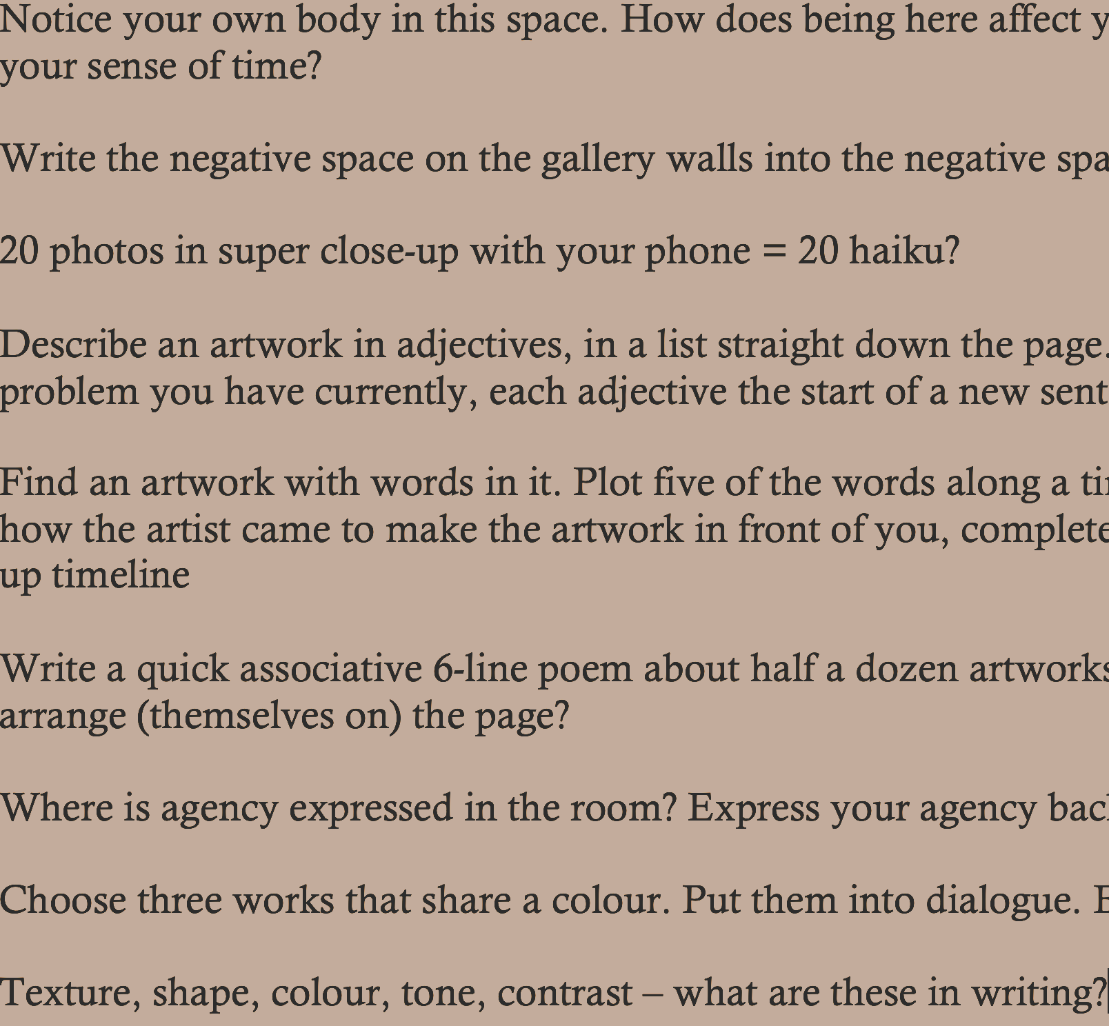 A close up shot of a list of ekphrastic poetry writing prompts 