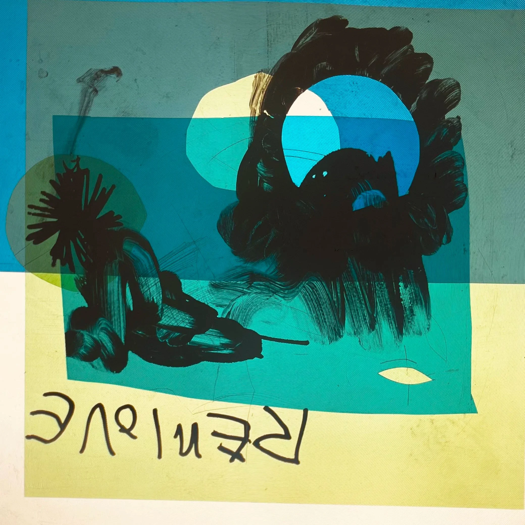 an artwork: layered squares of transparent seaglass colours, black smudgy ink shapes collapse towards the centre, cut circles over a word handwritten in reverse