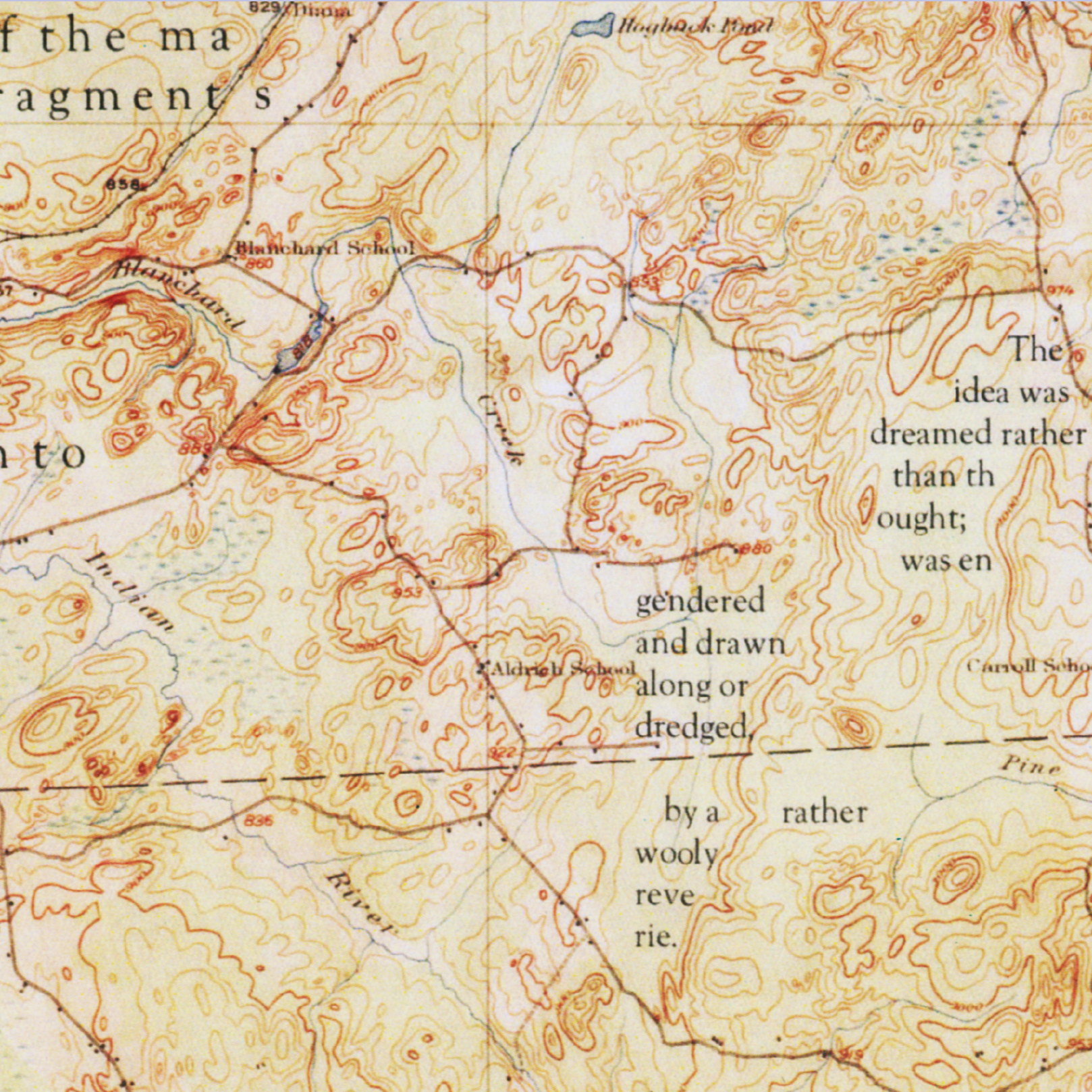 artowrk: hard-to-discern lines of poetry interlope the topographic lines on an antique map