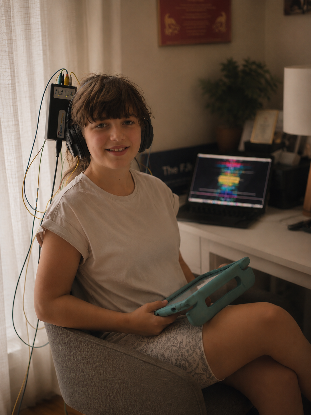 A young girl with headphones and a tablet sitting in a chair in a room training her brain with Neurofeedback