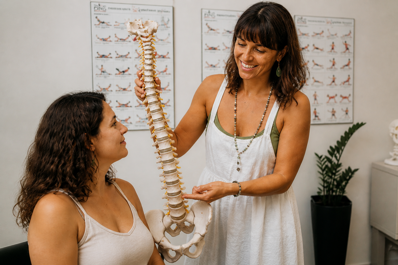 A woman demonstrating a model of the human spine to another woman in a healthcare setting.