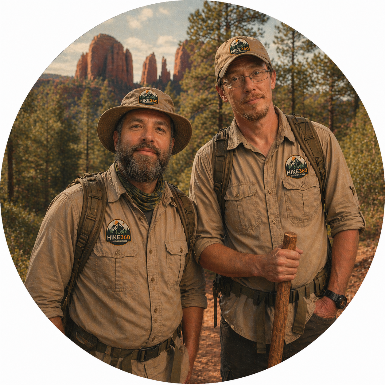 Two men in outdoor hiking gear standing in a forest with rock formations and trees in the background.