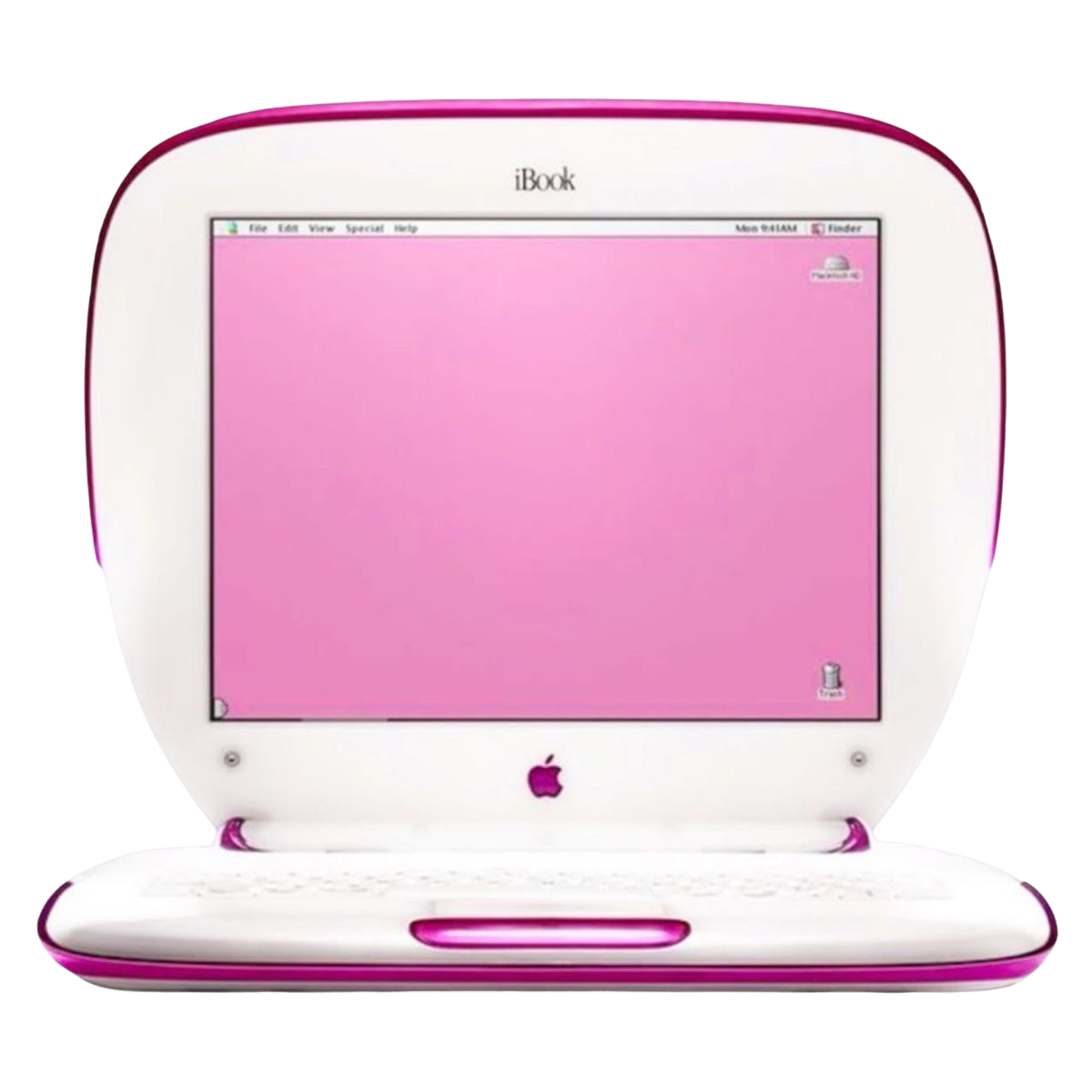 A vintage Apple iBook laptop in white and pink colors with a pink screen background.