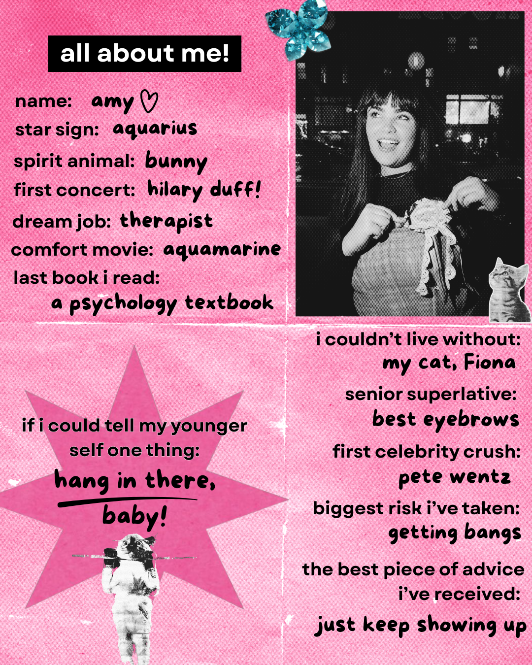 A pink-themed personal profile graphic featuring a black-and-white photo of a woman with long hair, opening a gift bag, with a small kitten at her foot. The graphic includes her name, star sign, spirit animal, first concert, dream job, comfort movie, last book she read, and personal reflections, with decorative elements like a blue butterfly and a large pink star.