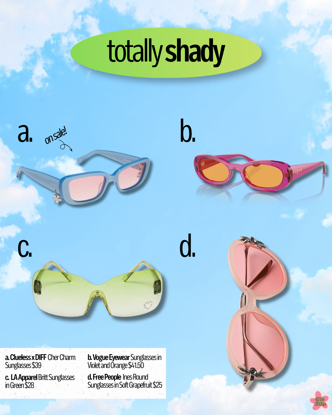 clueless diff vogue y2k los angeles apparel free people sunglasses gifts