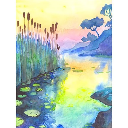 Sunset on Cattails Watercolor