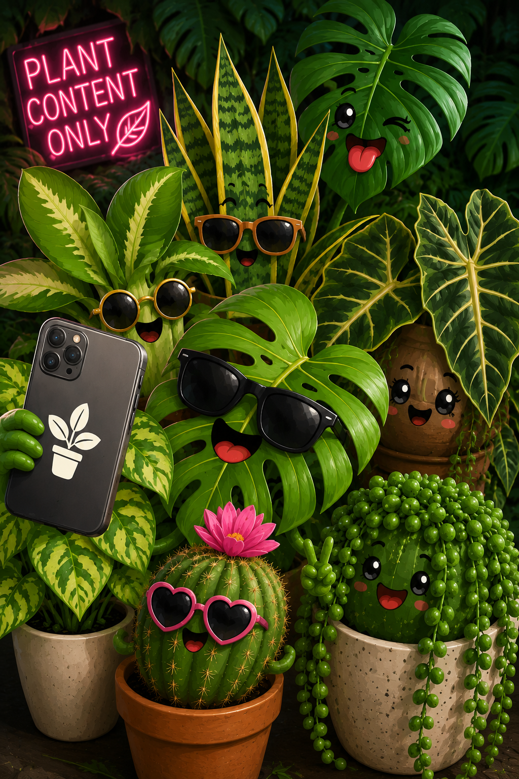A collection of potted plants with animated faces and sunglasses, including a cactus with pink heart-shaped sunglasses, a Monstera with sunglasses, and a pot with a string of pearls plant and a smiling face. There is a neon sign that reads 'PLANT CONTENT ONLY' with a leaf graphic. The scene is playful and lively.