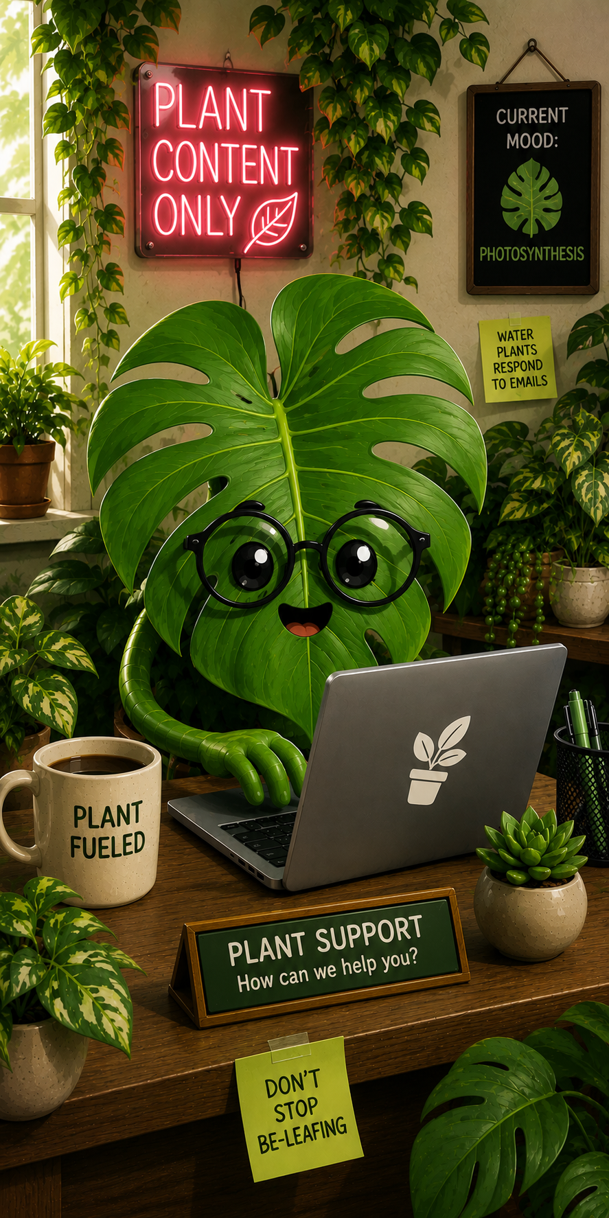 A large cartoonish Monstera leaf with sunglasses and a smiling face, sitting at a desk with a laptop. The desk has plants, a coffee mug with the text 'Plant Fueled,' and colorful signs with messages about plants and watering. In the background, there are plants, a neon sign saying 'Plant Content Only,' and a chalkboard with a leaf graphic and the words 'Current Mood: Photosynthesis.'